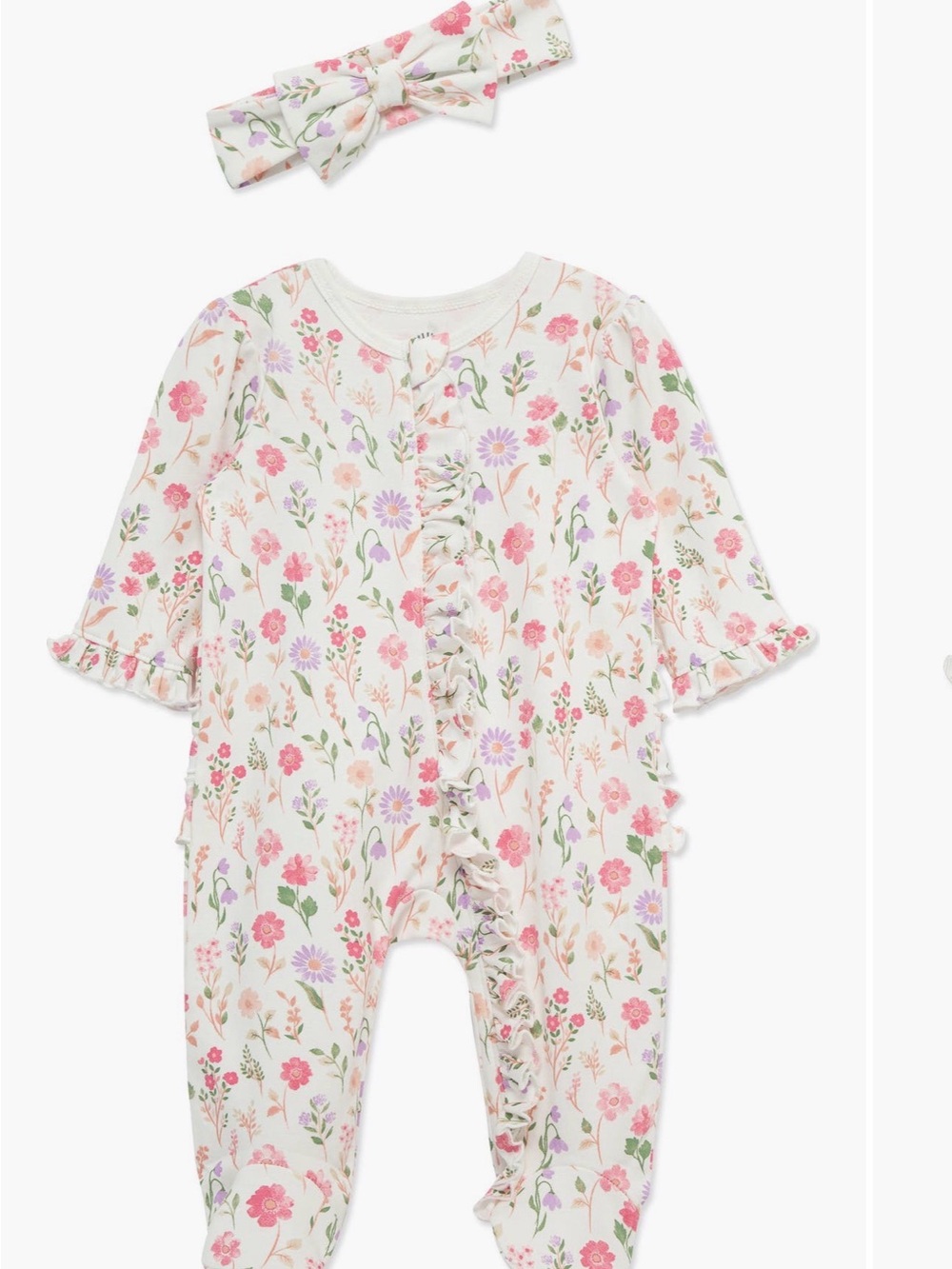 Little Me Cream Floral Ruffle Footie with Matching Headband 0-3 month sz